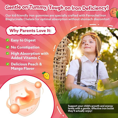 Iron Gummies for Kids & Teens, Kids Multivitamin with Iron Supplement, Calcium, Folate, Zinc, Prebiotic - for Blood Builder & Energy Support, Iron Deficiency - Vegan & Non-GMO - Mango & Peach