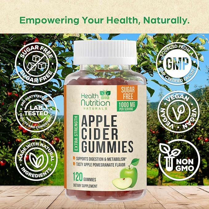 Apple Cider Vinegar Gummies - Sugar Free - Apple Cider Vinegar Powder 1000mg Per Serving - Max Strength ACV Gummy Vitamins - B12 & The Mother - Metabolism & Energy Support - Keto & Vegan - 120 Gummies