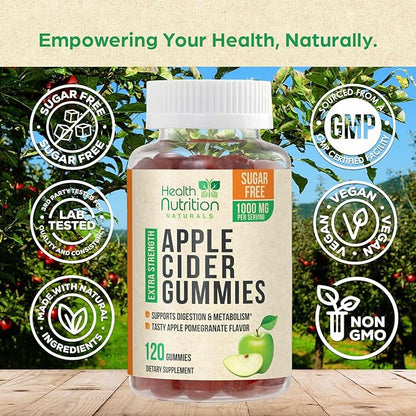 Apple Cider Vinegar Gummies - Sugar Free - Apple Cider Vinegar Powder 1000mg Per Serving - Max Strength ACV Gummy Vitamins - B12 & The Mother - Metabolism & Energy Support - Keto & Vegan - 120 Gummies