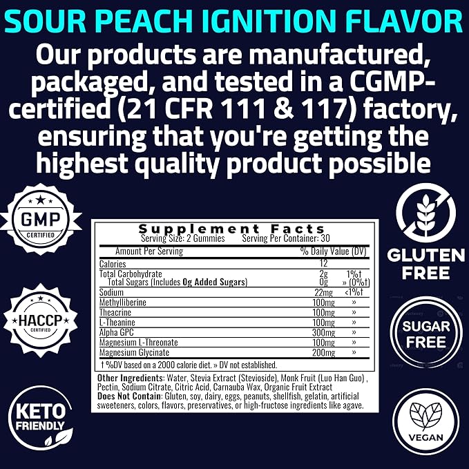 Alpha GPC Teacrine Magnesium L-Threonate & Glycinate Complex L-Theanine Methylliberine Gummies, Caffeine Gum Capsules Pills Supplement Pill Capsule Powder Supplements Alternative, 100mg 200mg 300mg