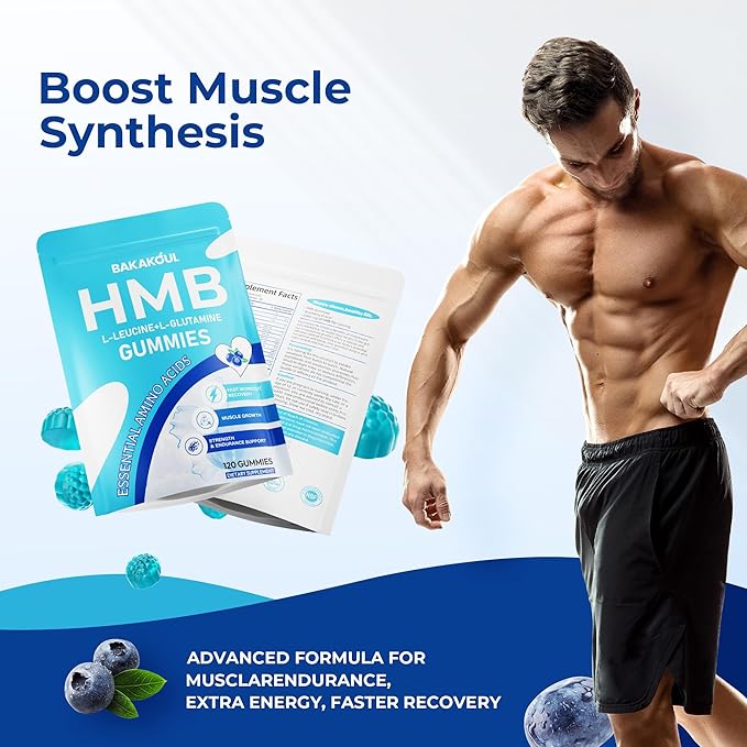 BAKAKOUL HMB and L-Leucine Gummies, HMB and Leucine Supplement Supports Muscle Fast Workout Support, HMB and Leucine Amino Acid for Men & Women, Sugar Free, Non-GMO, 120 Counts