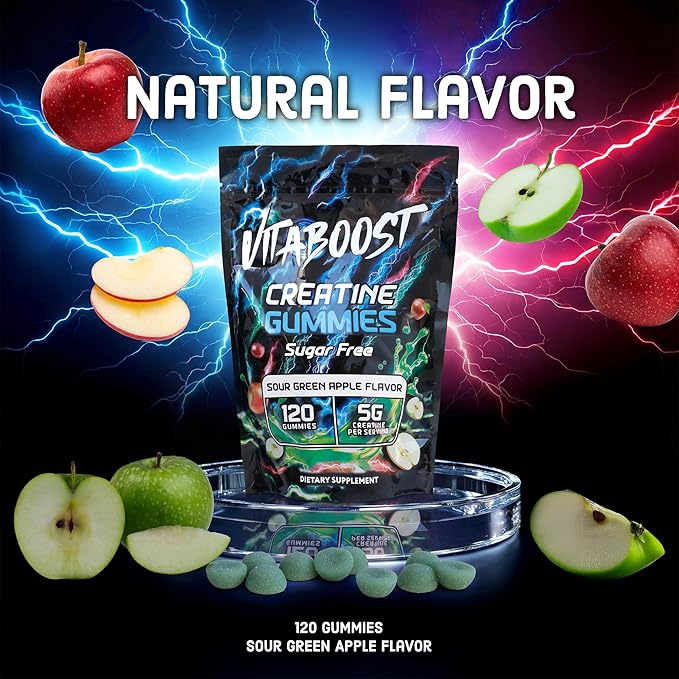 Sugar Free Creatine Monohydrate Gummies – 5g Creatine Per Serving, Sour Green Apple Flavor, Vegan, Low-Calorie, No Artificial Colors, Made in USA (120 Gummies)