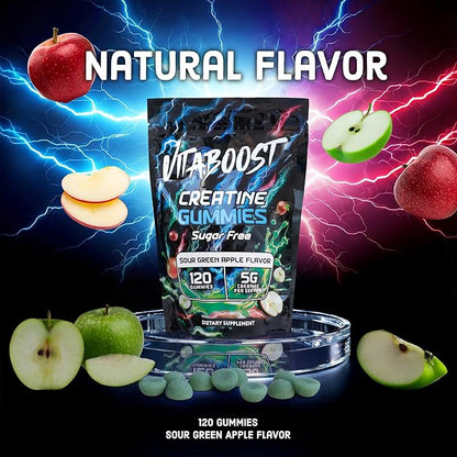 Sugar Free Creatine Monohydrate Gummies – 5g Creatine Per Serving, Sour Green Apple Flavor, Vegan, Low-Calorie, No Artificial Colors, Made in USA (120 Gummies)