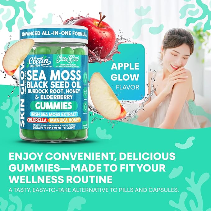 Clean Nutra Sea Moss Gummies Black Seed Oil Chlorella Ashwagandha Root Hair Growth Skin Glow Irish Sea Moss Elderberry Burdock Manuka Honey Trace Minerals Detox 60 Gummy Vitamins Sea Glow Supplement