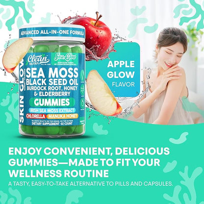 Clean Nutra Sea Moss Gummies Black Seed Oil Chlorella Ashwagandha Root Hair Growth Skin Glow Irish Sea Moss Elderberry Burdock Manuka Honey Trace Minerals Detox 60 Gummy Vitamins Sea Glow Supplement