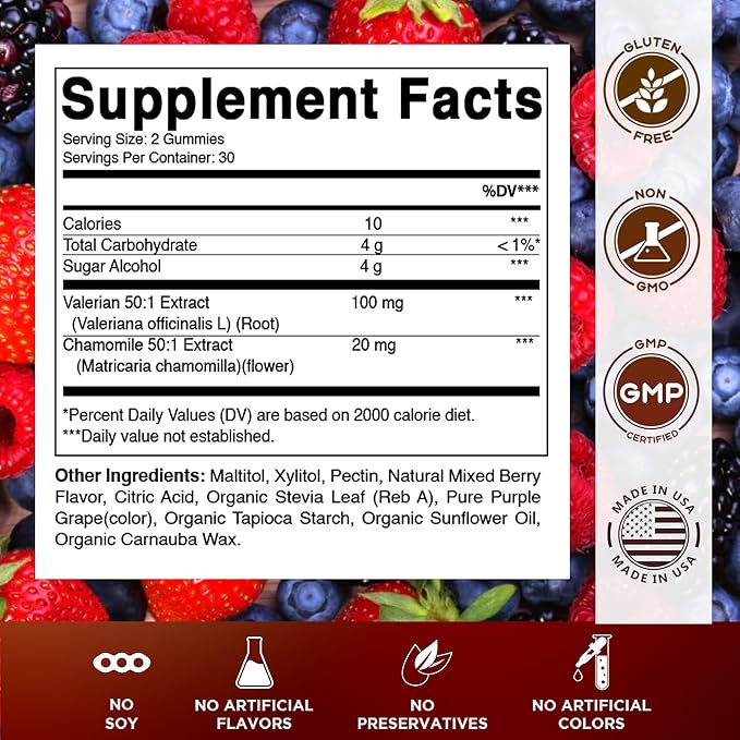Vitamatic Valerian Root & Chamomile Gummies – Plant-Based Botanical Extract – Mixed Berry Flavor – Vegan, Non-GMO, Gluten-Free – Herbal Supplement – 60 Count (120 Count)