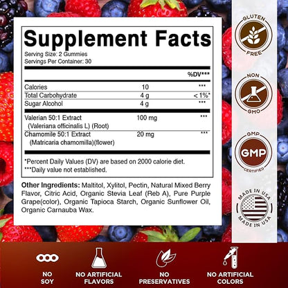 Vitamatic Valerian Root & Chamomile Gummies – Plant-Based Botanical Extract – Mixed Berry Flavor – Vegan, Non-GMO, Gluten-Free – Herbal Supplement – 60 Count (120 Count)