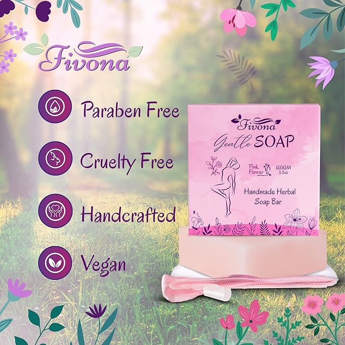 FIVONA Pink Yoni Soap Bar Set of 3 - Gentle Feminine Wash & Body Cleansing Bars, Herbal Soap with Natural Ingredients - 3 x 5.3 oz - Includes Mesh Foaming Net for Rich Lather & Light Exfoliation