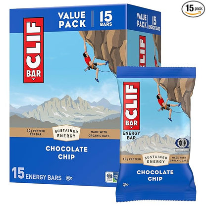CLIF BAR - Energy Protein Bars - Chocolate Chip - Made with Organic Oats - Energy Bars - Non-GMO - (15 Pack)