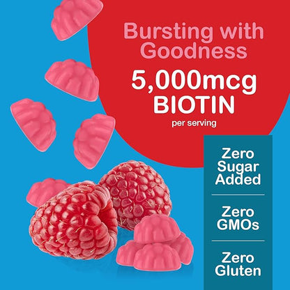 Biotin Gummies Sugar Free – 5,000 mcg High Potency Biotin for Hair, Skin & Nails – Zero Sugar, Non-GMO, Gluten Free, Vegan Raspberry Gummies – 60 Count