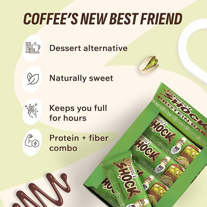 Fitness SHOCK Pistachio Chocolate Protein Bars - No Added Sugar, Low Calorie Low Carb Snack - 10g Protein, 0g Added Sugar, 180 Kcal, 15g Net Carbs, 8g Fat - 12 x 50g