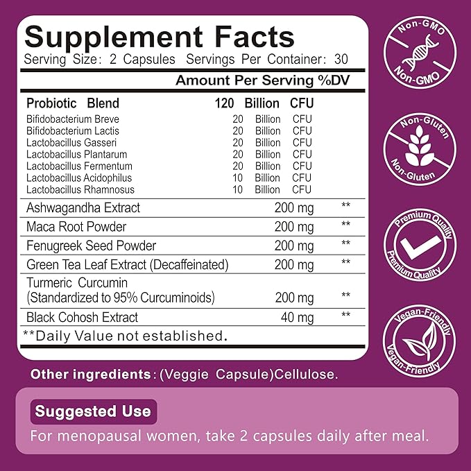 Menopause Supplements for Women, 120 Billion CFU Womens Probiotic, 13-in-1 Herbs Complex for Menopause Relief, Hormone Balance, Hot Flashes, Mood Swings, Night Sweats (60 Capsule)