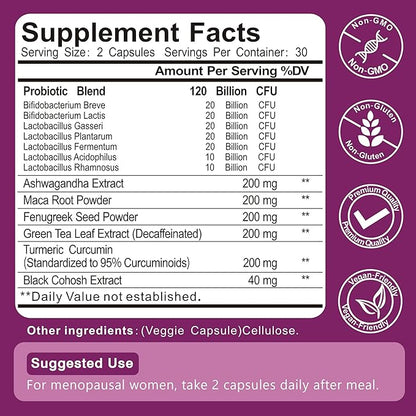 Menopause Supplements for Women, 120 Billion CFU Womens Probiotic, 13-in-1 Herbs Complex for Menopause Relief, Hormone Balance, Hot Flashes, Mood Swings, Night Sweats (60 Capsule)