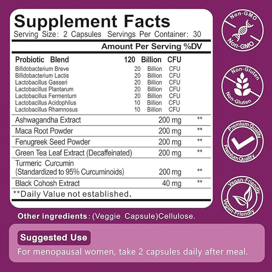 Menopause Supplements for Women, 120 Billion CFU Womens Probiotic, 13-in-1 Herbs Complex for Menopause Relief, Hormone Balance, Hot Flashes, Mood Swings, Night Sweats (60 Capsule)