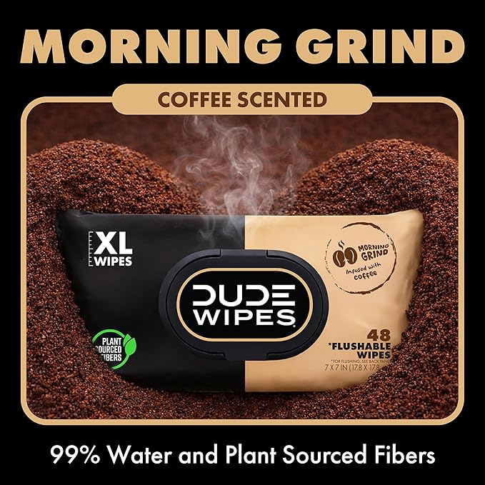 DUDE Wipes Morning Grind Flushable Wipes - Coffee Scented Extra-Large Adult Wet Wipes - 3 Pack (144 Count) - Infused with Coffee Oil, Vitamin E, and Aloe - Septic and Sewer Safe