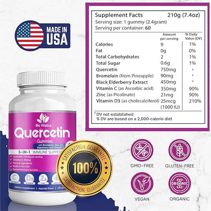 Quercetin Gummies by BioVitalica - Quercetin with Bromelain Vitamin C and Zinc & Elderberry + Vitamin D3-5 in 1 Immune Support - Zinc Quercetin 750 mg for Kids and Adult (6, Quercetin)