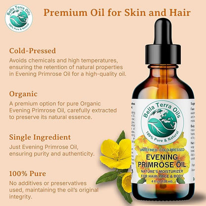 Bella Terra Oils Pure Evening Primrose Oil for Radiant Skin and Lustrous Hair – 1 gallon, Nutrient-Rich, Non-Greasy, Quick Absorb