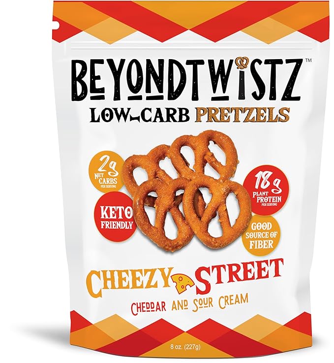 BeyondTwistz Low Carb Pretzels, Cheezy Street, Keto Friendly, 2g Net Carbs, 18g Protein, Powered By HealthSense® High Fiber Wheat Flour, Family Size 8oz Bag, Pack of 1