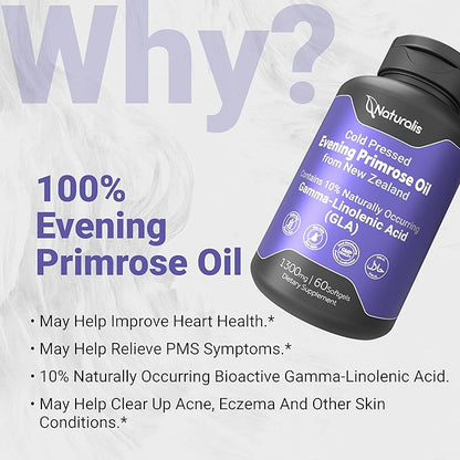 Naturalis Evening Primrose Oil (1300mg) | Natural from New Zealand | Non-GMO, Soy & Gluten Free, Zero Filler | 60 Softgels