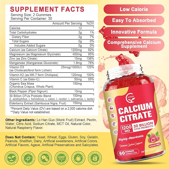 (3 Pack) Sugar Free Calcium Citrate Gummies 1200 mg with Vitamin d3, K2, Magnesium, Zinc for Bone, Muscle & Immune Support, High Absorption Calcium Supplement for Women, Raspberry Flavor, 60 Chews