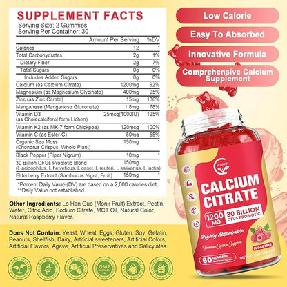 (3 Pack) Sugar Free Calcium Citrate Gummies 1200 mg with Vitamin d3, K2, Magnesium, Zinc for Bone, Muscle & Immune Support, High Absorption Calcium Supplement for Women, Raspberry Flavor, 60 Chews