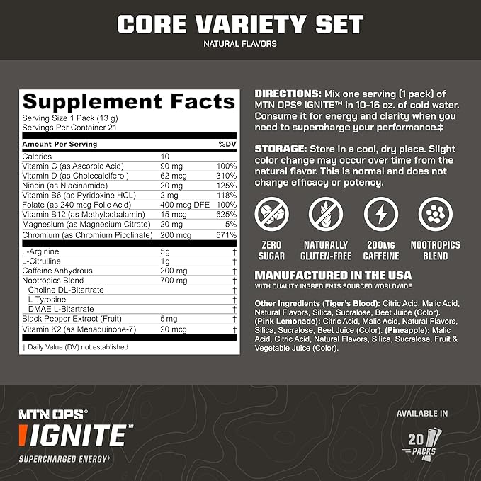 MTN OPS Ignite Sugar Free Energy Drink Powder Variety Pack with 200mg Caffeine, Travel Pre Workout Packets for to-Go Energy, Nootropic Blend, L Arginine & L Citrulline, 21 Servings, Core Flavors