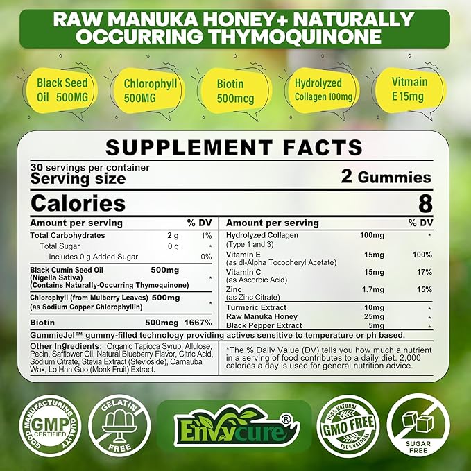Black Seed Oil Gummies & Chlorophyll, Biotin 500mcg with Hydrolyzed Collagen, Raw Manuka Honey, Organic Cold Pressed - Ultimate Absorption for Skin, Hair & Nails, Digestive, Overall Health, 1 Pack