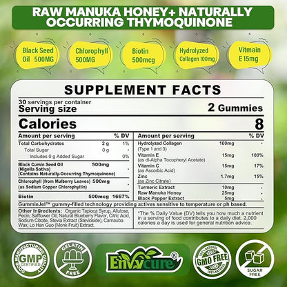 Black Seed Oil Gummies & Chlorophyll, Biotin 500mcg with Hydrolyzed Collagen, Raw Manuka Honey, Organic Cold Pressed - Ultimate Absorption for Skin, Hair & Nails, Digestive, Overall Health, 1 Pack