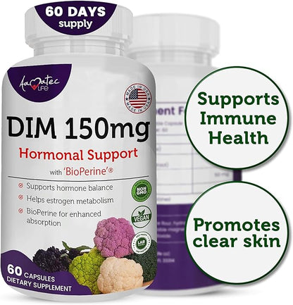 Women’s DIM Complex 150mg - Bioperine Estrogen Balancing Pills for Menopause & Hot Flashes Relief Support Hormonal Acne Powerful Supplement - Pack of 2 (60 Count per Bottle), Made in USA