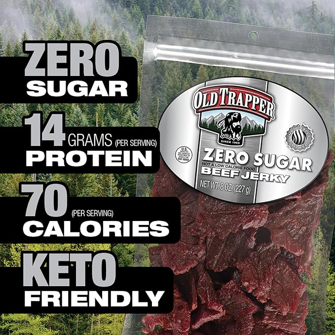 Old Trapper Zero Sugar Beef Jerky, Eight-Ounce Individual Package, Natural Wood Smoked Keto-Friendly Snack, 14 Grams of Protein, 70 Calories, and Zero Sugar Per Serving (Pack of One)