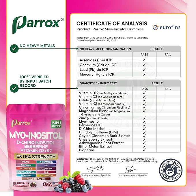 Myo-Inositol & D-Chiro Inositol Gummies with Berberine, Vitamins D3+K2, B12, Folate, Zinc, Magnesium, Ashwagandha, Chasteberry, Bioperine, DIM - 16 in 1 Supplement - Mixed Berry Flavor - 90 Gummies