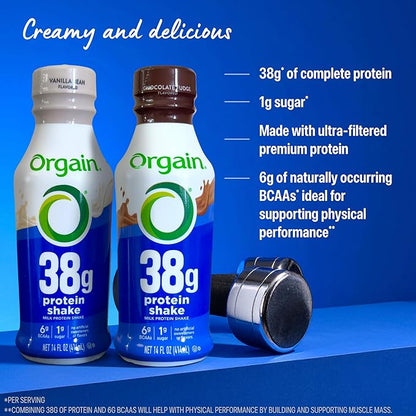 Orgain 38g High Protein Shake, Dairy Isolate Protein Milk, Vanilla, 6g BCAAs, 1g Sugar Per Serving, Meal Replacement, Ready to Drink, Keto Friendly, Gluten-Free 14 Fl Oz (Pack of 12)