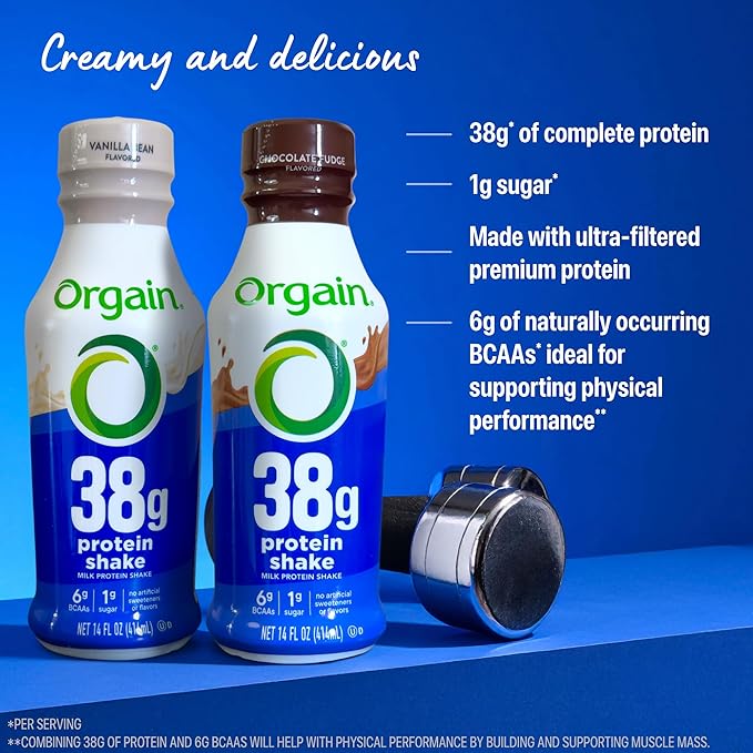 Orgain 38g High Protein Shake, Dairy Isolate Protein Milk, Chocolate Fudge, 6g BCAAs, 1g Sugar Per Serving, Meal Replacement, Ready to Drink, Keto Friendly, Gluten-Free 14 Fl Oz, (Pack of 24)