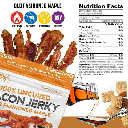 Old Fashioned Maple Bacon Jerky, Candied Jerky with 16g Protein Per Bag, Tender & Easy to Chew Fully Cooked Bacon, USA Made High Protein Carnivore Snacks (2 Bags)