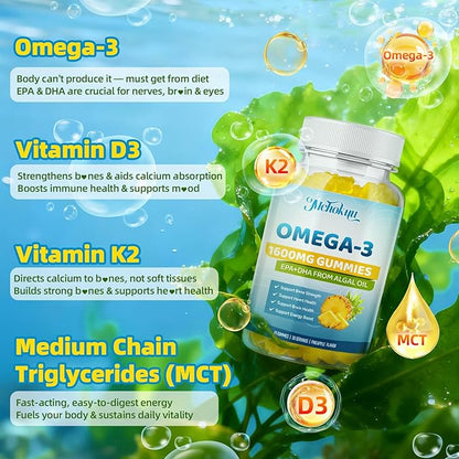 Vegan Omega-3 Gummies 1600mg EPA & DHA from Algal Oil, Fish Oil Alternative for Adults & Kids, Omega 3 Supplement with Vitamin D3 K2 for Brain, Eye & Immune Health Sugar Free Pineapple, 60 Count