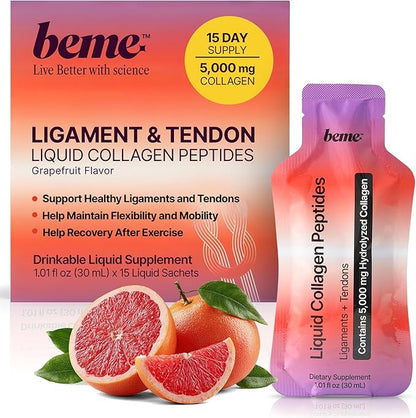 BeMe Liquid Collagen Peptides - Tendon & Ligament Supplements for Injury Prevention & Tissue Repair. Liquid Shots with TENDOFORTE for Active Recovery, Gym Performance Athletes - 15 Grapefruit Sachets