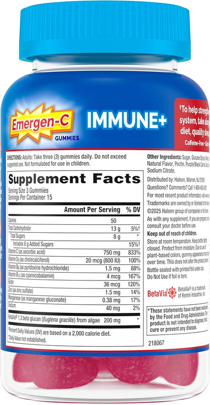 Emergen-C Immune+ Triple Action Immune Support Gummies, BetaVia (R), 1000mg Vitamin C, B Vitamins, Vitamin D and Antioxidants, Raspberry – 45 Count