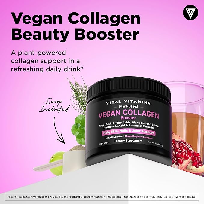 Vital Vitamins Vegan Collagen Booster Powder - Made with Amino Acids, Silica, Hyaluronic Acid, & Botanical Extracts - Plant-Based - Mango Raspberry Lemonade Flavor - Hair, Skin, Nails - 30 Servings