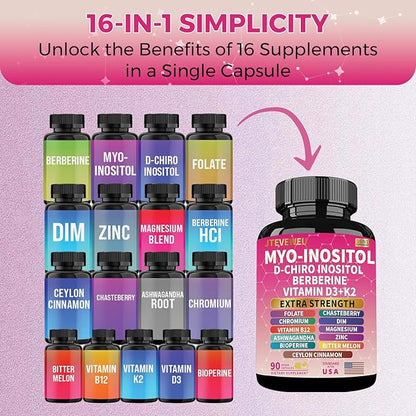 Myo Inositol Supplement - Women's All-in-One Supplement - with Myo-Inositol, D-Chiro Inositol & 13+ Extra Strength Ingredients -（90 Capsules）