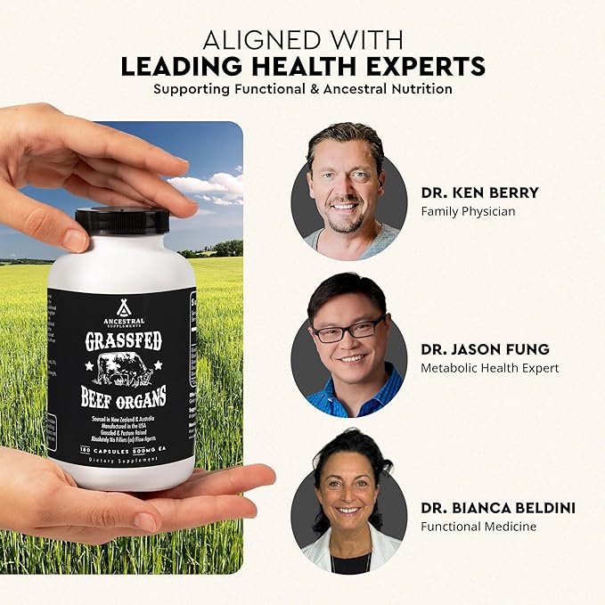 Ancestral Supplements Grass Fed Beef Organ Supplement, Supports Whole Body Wellness with Proprietary Blend of Liver, Heart, Kidney, Pancreas, Spleen, Freeze-Dried Beef, Non-GMO, 180 Capsules