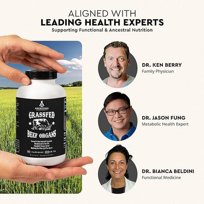 Ancestral Supplements Grass Fed Beef Organ Supplement, Supports Whole Body Wellness with Proprietary Blend of Liver, Heart, Kidney, Pancreas, Spleen, Freeze-Dried Beef, Non-GMO, 180 Capsules
