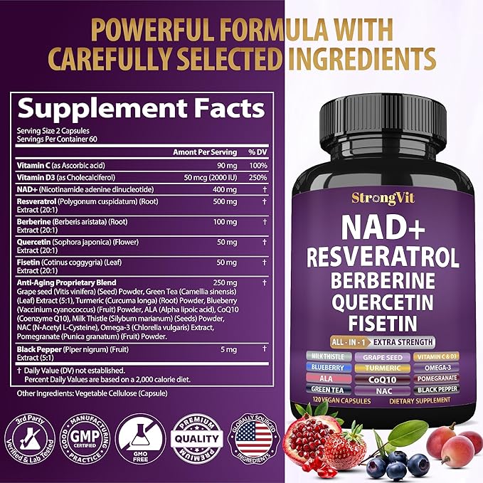 NAD Resveratrol Supplement for Women & Men. Support Cellular Health, Energy + Healthy Aging. Advanced Formula, Plus Third-Party Lab Tested in USA (120 Capsules)