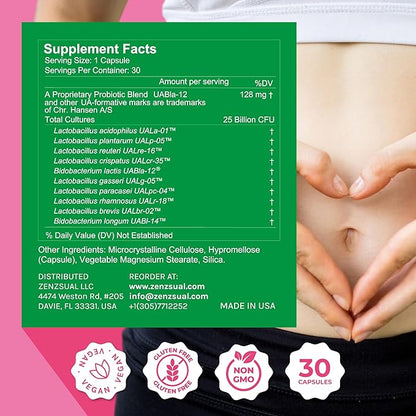 ZENZSUAL Zenbiotic Probiotics Support for Women – 25 Billion CFU, Vaginal Health & pH Balance Support, Odor & Yeast Control, Gut & Digestive Health, Urinary Comfort, Hormone Balance, 30 Vegan Capsules