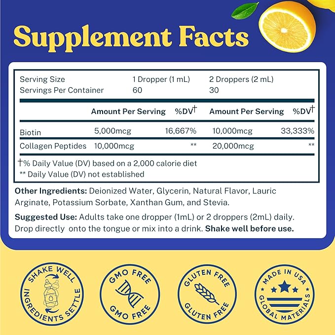 Concentrated Liquid Collagen Peptides Supplement - 30,000mcg Hydrolyzed Liquid Collagen for Women plus Biotin Hair, Skin, Nail Support - Sublingual Drops or Natural Lemon Drink 2x2oz