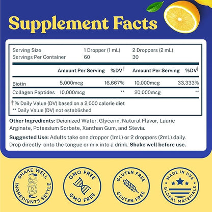 Concentrated Liquid Collagen Peptides Supplement - 30,000mcg Hydrolyzed Liquid Collagen for Women plus Biotin Hair, Skin, Nail Support - Sublingual Drops or Natural Lemon Drink 2x2oz