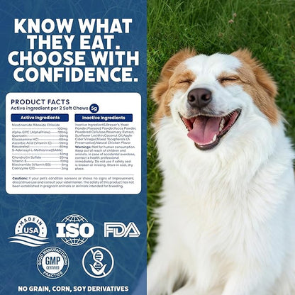NAD+ Precursor & Senior Dog Multivitamin Supplement, 90 NMN Supplements for Longevity, Anti-Aging & Energy, Dog Daily Support Vitamins Chews for Hip & Joints, Skin & Coat, Chicken