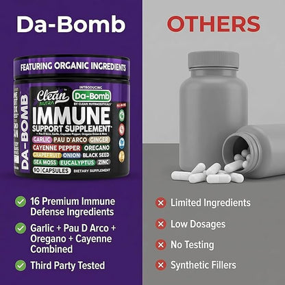 Organic Immune Support with PAU D'Arco Garlic Cayenne Pepper Oregano Ginger Grapefruit Onion Black Seed Sea Moss Black Pepper Zinc Eucalyptus Vitamin C Vitamin D Organic Soursop By Clean Nutra