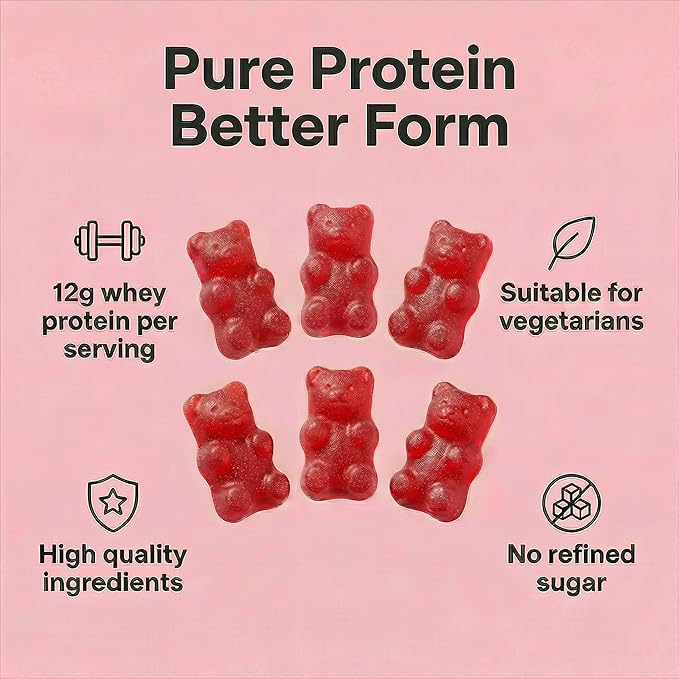 Protein Gummies – 12g High Protein Snack, Mixed Berry Flavor, No Added Sugar, Whey Protein Gummies, Supports Muscle Recovery, Post Workout Supplement