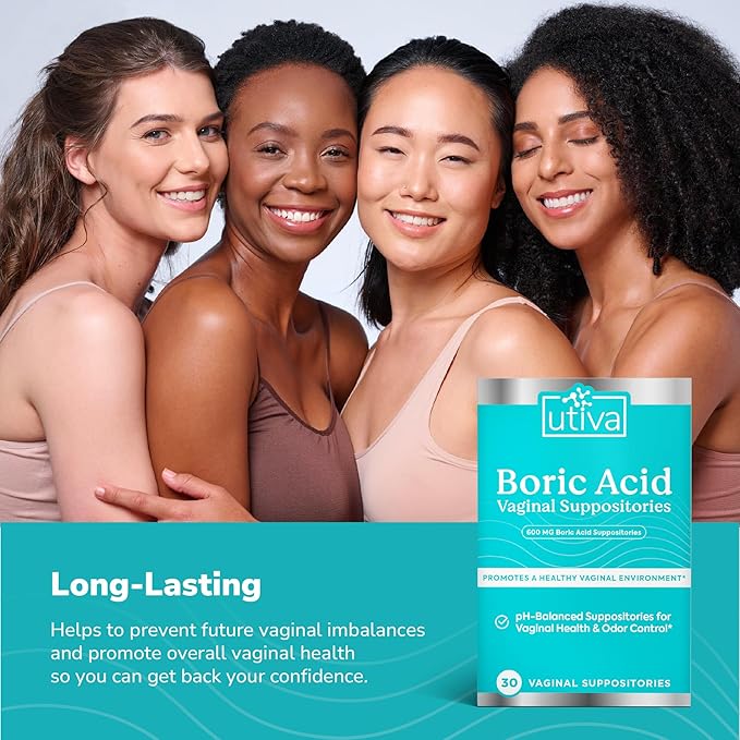 Szio+ Utiva Boric Acid Suppositories for Women - pH Balance - Feminine Care - 600mg Boric Acid to Lower pH and Support Vaginal Health, BV Treatment for Women, 30 Vaginal Suppositories