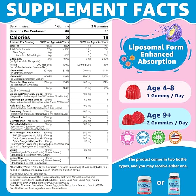 Saffron +Magnesium Glycinate +Omega-3 - Calm Focus Gummies for Kids 4+, Saffron Extract Supplement with L-Theanine, Holy Basil, Rosemary, B6, D3 for Happy Mood, Cognition, ZZz, Sugar Free, 2 Pack